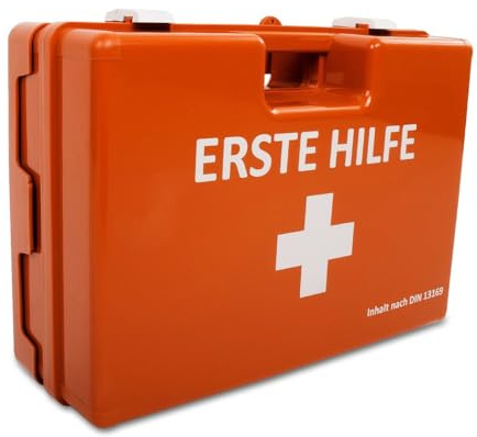 Petite Trousse de premiers secours DIN 13157 KARAT pour entreprise & domicile| Kit de secours complet avec support Mural pour Bureaux & Restauration, Capacité jusqu'à 50 personnes (28 x 20 x 11,5 cm)