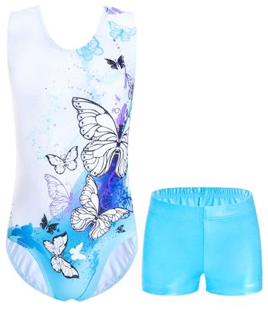 Domusgo Gymnastics Leotards for Girls Size 7-8 Years Old Sparkle Blue Butterfly Tumbling Outfits with Matching Shorts Set