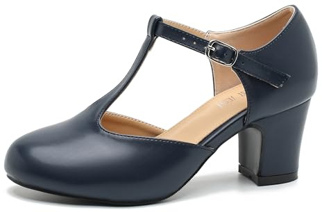 MAIERNISI JESSI Women's T-Strap Mary Jane Pumps, 2.56 Inch Block Heel, Round Toe, Buckle Closure, Navy Matte, 5.5 UK