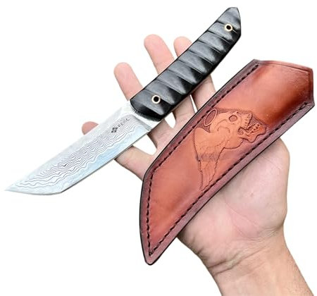 Obespina Couteau Artisanal Style Japonais Lame Fixe Acier Damas Tanto Manche Bois Étui Cuir Tete De Mort Collection Custom Cadeau Homme Suminagashi VG10 chasse forge artisanat camping tranchant