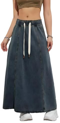 SUIUOI Dam A-linje lång jeanskjol, hög midja, vardaglig denimkjol, elegant sommarkjol, fritidskjol, blå, M