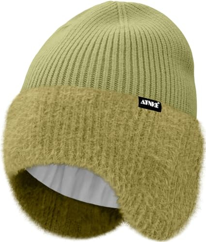 ATNKE Stickad mössa med öronskydd för män och kvinnor, stretchig tjock varm fleece foder dagligt vintermjukt ullslag dött huvud keps gåvor, militärgrön, One size
