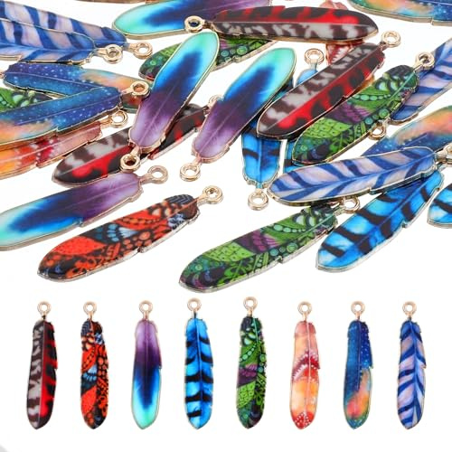 Ymapinc 32 Pcs Feather Charms for Jewelry Making, 8 colors Feathers for Crafting, Native Jewelry American Enamel Charm Style Alloy Pendants, Necklace & Earrings DIY Dream Catcher Supplies