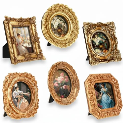 Kathfly 6 Pcs Mini Vintage Picture Frame for Wedding Decor Gold Tiny Picture Frames Bulk Antique Photo Frame Resin Baroque Ornaments with Floral Relief Panel and Rack Stand for Wall(Golden,Classic)
