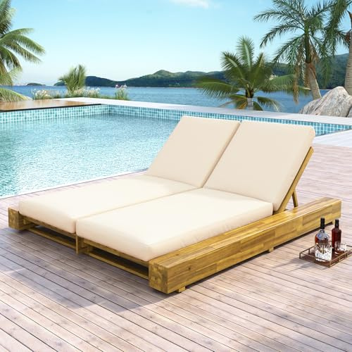 Christopher Knight Home Zoe Spacious Double Acacia Wood Chaise Lounge Chair Outdoor, 4 Position Adjustable Backrest Pool Lounger, Outdoor Chaise Lounge with Cushion, Poolside Seating, Teak + Cream