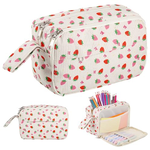 Starvortex Estuche de Lápices con Fresas para Niña, Cartuchera con 3 Compartimentos de Alta Capacidad, Los Cartucheras Escolares con Cremallera Son Adecuados para Niñas, Adolescentes y Estudiantes