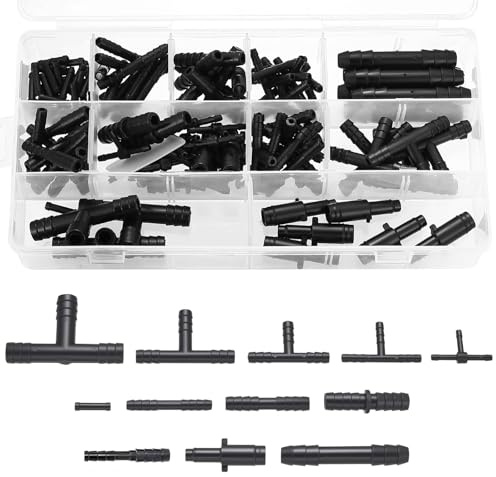 Set di 113 connettori a T per tubo flessibile a T, kit di collegamento per tubi da irrigazione, tubo a goccia, tubo da giardino, connettore a T (12 dimensioni, nero)