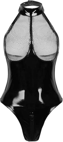 Women Lingerie PU Leather Mesh Bra Wetlook Halter Clubwear Teddy Bodysuit