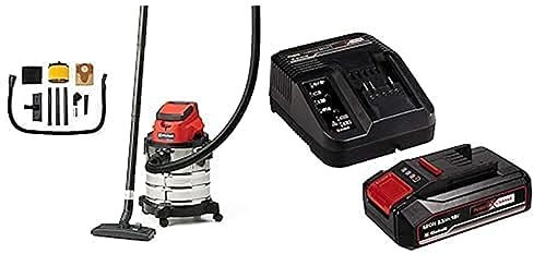 Einhell 2347130 Aspirador seco-húmedo (Iones de Litio, 86 Db Potencia Sonora, 8 kPa, 20 L + Kit con Cargador y batería de Repuesto de 18 V, 2,5 Ah, 0 W, 21 V, Tiempo de Carga: 60 Minutos