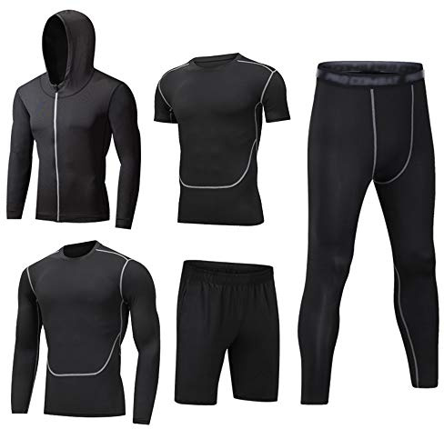 HZQIFEI Män 5 st sport gym fitness set träningsoveraller huvtröjor jackor + långärmad + kortärmad baslager t-shirts + lösa passande shorts + kompressionsbyxor, Stil #3, M
