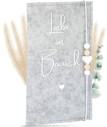 MAHEWA® Funda para pasaporte de madre e hijo de Austria de tela de fieltro | Organizador de carné de maternidad, funda protectora para carné de embarazo (amor en el vientre, gris claro)