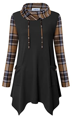 Amrto Tunique longue pour femme - Col roulé - Manches longues - Chemisier décontracté - Avec poches - Sweat-shirt long avec ourlet asymétrique, L