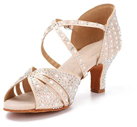 Syrads Zapatos Profesionales de Baile Latino para Mujer Zapatos de Baile de Salsa Bachata con Punta Abierta Diamantes de imitación Brillantes Tacones de Baile Latino para Salsa