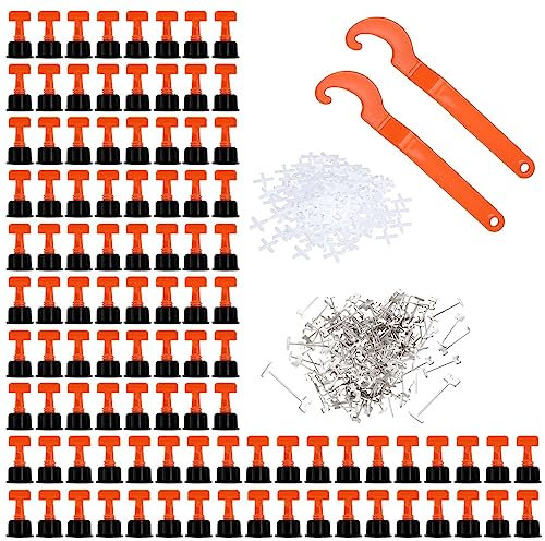 ToKinCen Kit di livellamento per piastrelle, 402 pezzi, 100 x livelli, riutilizzabile, regolabile, distanziatore per piastrelle con 2 chiavi speciali, 100 x penne a T, 200 x croce per piastrelle da