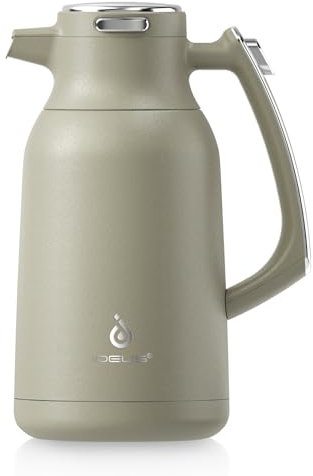 IDEUS Vacuum Insulated Coffee Carafe, 68 oz (2 Liters) Stainless Steel Milk Jug Thermal Tea Pot Hot & Cold Water Beverage Dispenser (Celadon)