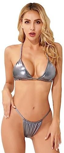 CABULE Conjunto de minibikini para Mujer Traje de baño metálico Brillante Traje de baño de Dos Piezas Traje de baño Halter Sujetador con Cordones Top con Tanga de Tiro bajo-Plata,S
