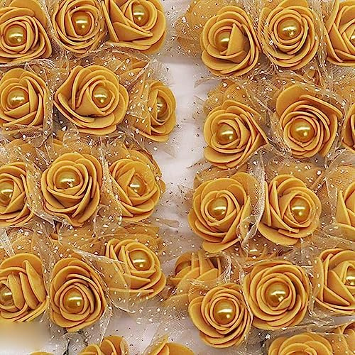 ESCATIC 24/72 st 3 cm skumros med fuskpärla konstgjorda blommor för bröllopsdekoration gör-det-själv brudkrans hem falsk blomma--F01 guld, 24 st