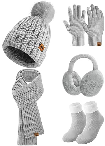 Niwicee Femme Hiver Chaud 5pcs Tricotés Ensemble D'Hiver Bonnet Gants Oreilles Longue Echarpe Chaussettes Accessoires Chauds Vêtements Pêche Camping Hiver+ Vacances+Noël Cadeau-Gris-