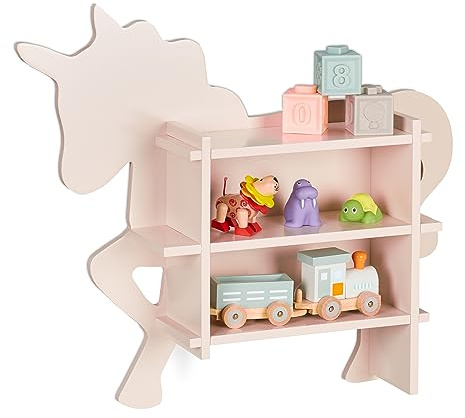 Relaxdays Scaffale per Bambini, Libreria Design Unicorno, Mobile da Parete con 2 Scomparti, HLP 54,5x66x13 cm, Rosa