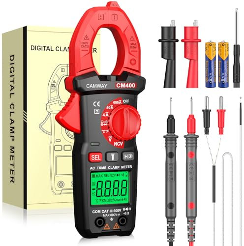CAMWAY Clamp Meter TRMS 4000 Counts 600A AC Current AC/DC Voltage NCV Non-Contact Voltage Continuity Resistance Diode Hz Test Clamp Multimeter with Test Leads Alligator Clips Screwdriver