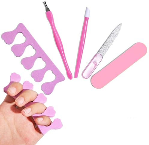 RY-EARL Juego de limas de uñas de 5 piezas, herramientas para uñas, separador de dedos Tote horquilla de piel Tote empujador de piel Juego de limas pulidoras (rosa)