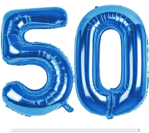 LAPONO Globos de Cumpleãnos 50 Azules, 83CM Número 5 y 0 Bluey Globo Helio Inflable de Lámina Decoracion Cumpleaños 50 Años Mujer Hombre Globo Numeros Gigantes para Boda Aniversario Fiestas