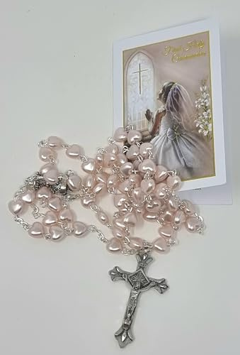 celebrationgiftsforall First Holy Communion Girls Pearl Pink Heart Rosary in a Plastic Case with a How to Pray The Rosary and Mysteries Recital Details/Prayer Gift Set for her