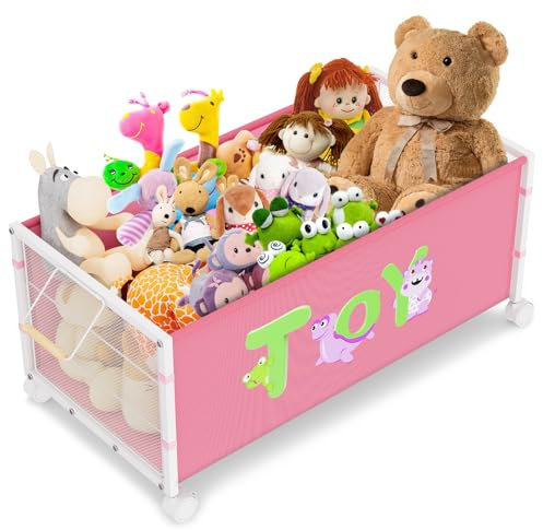 JBBTOOL Caja de juguetes grande de almacenamiento, baúl de juguetes para niños de 120 litros con ruedas de 360°, caja de juguetes de metal de tela Oxford para niños, niñas, animales de peluche, ropa,