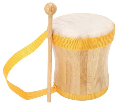Hand Bongo Drum, Wood Sheepskin Top Musical Percussion Instrument Conga Drum with Carrying Strap and Stick (Yellow