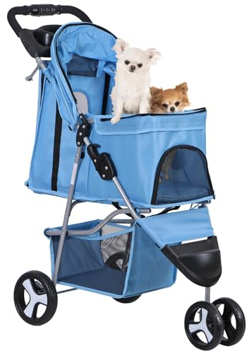 Foldable Pet Stroller for Cats and Dogs 3 Wheels Carrier Strolling Cart with Weather Cover, Storage Basket + Cup Holder (Blue)