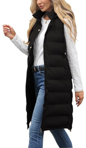 Ciguo Long Vest for Women Sleeveless Winter Long Puffer Vest Lightweight Warm Zip Up Hooded Jacket