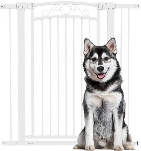 PawHut Barrera para Perros con Cierre Automático, Puerta para Perros 76-104 cm, Barrera de Seguridad con 2 Extensiones 7/14 cm, Fácil Montaje, Doble Bloqueo, para Escaleras y Puertas, Blanco