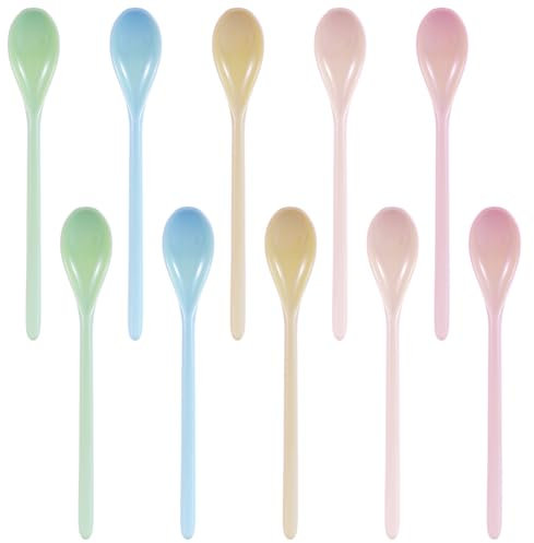QMLING 10 cucharas para huevos de plástico, cucharas de plástico de color, cucharas largas de plástico de imitación de porcelana, cuchara de melamina de mango largo para café, bebidas, yogur, huevos y