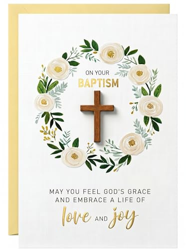 DISJOURNEY Baptism Card - Real Wood Cross Premium Thick Cardstock Baptism Card Religious Gifts for Boys Girls Adults, 5.5x8in with Envelope and Sticker