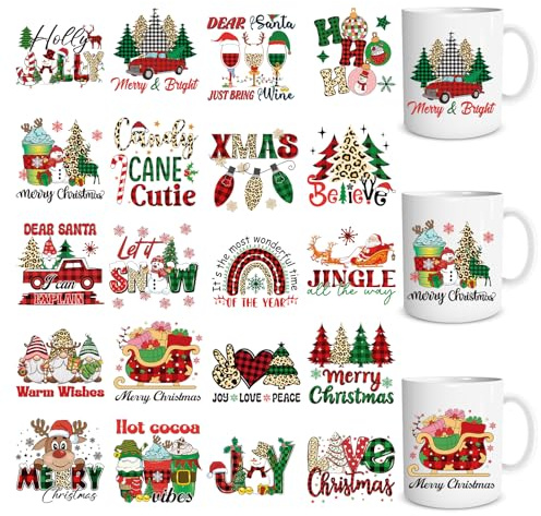 Eiapadeor Christmas Plaid Rub on Transfer Stickers 20 Sheets Christmas Santa UV DTF Cup Wraps, Xmas Gnomes UVDTF Wraps, Waterproof Rub on Decals for Glass Cups Mug, DIY Transfer Crafts