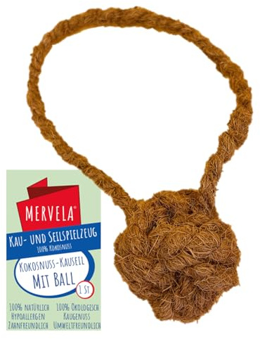 MERVELA Corde à mâcher avec balle 100 % laine de noix de coco pour chien – Jouet à mâcher naturel biologique pour chien – Soin dentaire et durable – Convient à toutes les tailles de chien (Medium / 5