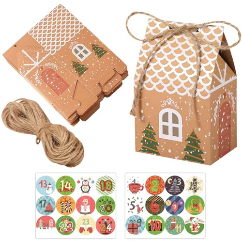 GWAWG DIY Christmas Advent Calendar Boxes, 24 Pcs Kraft House Advent Calendar 2025 for Kids & Adults, Fill Your Own Advent Calendar Gift Boxes with Stickers & String, Reusable Xmas Countdown Set