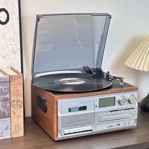 CD Bluetooth-kassettspelare, retro skivspelare, vinylskivspelare med fjärrkontroll och inbyggda högtalare för hemunderhållning
