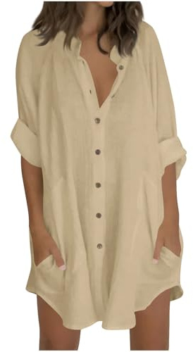 Linen Shirts for Women Swimsuit Coverups Button Down Blouse with Pockets Roll-Up Sleeve Stand Collar Oversized Tunic Tops Ladies Vacation Beach Tee Shirt Summer Clothes