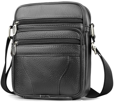 BAGZY Mens Genuine Cowhide Leather Shoulder Bag Ipad Case Bag Messenger Bag Crossbody Satchel Handbag Top-handle Travel Business bag for Kindle Tablet Wallet Purse Mobile Phones Black