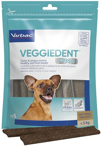 Virbac VeggieDent FR3SH – Snack Dental para Perros de Razas Extra pequeñas (<5 kg) – Ayuda contra el sarro y el Mal Aliento – 15 Unidades