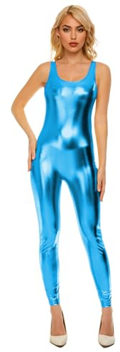 YgneeDom Women Shiny Metallic Tank Unitards Full Body One Piece Sleeveless Bodysuit for Dance Costumes(Turquoise,S)