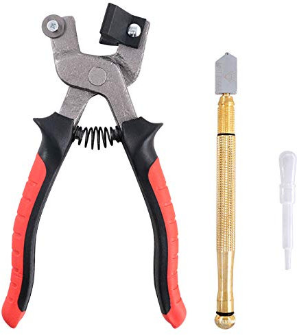Swpeet Juego de 3 herramientas de corte de vidrio, incluye alicates de corte de vidrio de azulejos de grado profesional y cortador de cristal de 3 mm a 18 mm, mango de lápiz, punta de carburo de