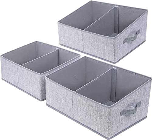 DIMJ 3 Pack Storage Boxes with Compartment, Foldable Storage Basket with Reinforced Handle, Trapezoid Fabric Wardrobe Storage Organiser Box for Clothes, Books, Toys, Closet, Shelves (Light Grey)