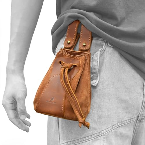 Leather Drawstring Ammo Pouch, Ammunition Magazine Belt Bag Rifle Shotshell Holder Cartridge Storage Bag (4.5 x 4.5 x 6.5in)