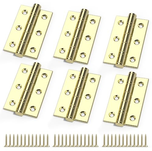 Bwintech 3 Pairs 75 x 50 x 2.0mm(3 inch) Gold Plated Wire Drawing Hinge, Steel Fireproof Inner Door Hinge, Square Corners, Ball Bearing Hinge Used in Residential and Commercial Buildings