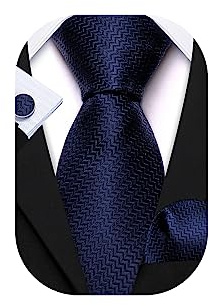 Barry.Wang 3.15 Navy Blue Ties Extra Long Necktie for Men Silk Pinstriped Pocket Square Cufflink Wedding Formal