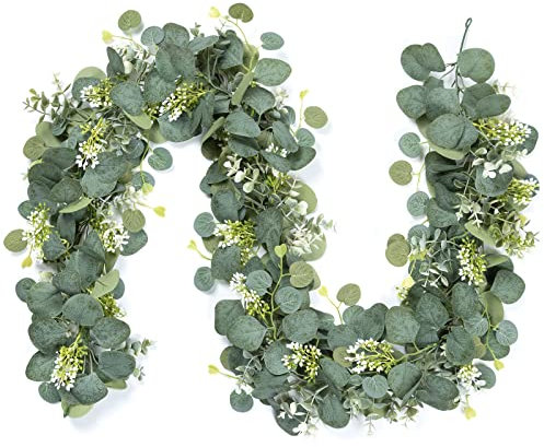 UXORSN 2PCS Christmas Artificial Eucalyptus Garland 6FT Faux Silver Dollar Foliage Greenery Vines Fake Leaves White Flowers Hanging Ivy Garlands for Wedding Party Mantle Table Home Christmas Decor
