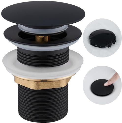 Bonde Lavabo sans Trop Plein, Ulytid Bonde Lavabo Salle de Bain Clic Clac, Bonde de Salle de Bain Pop-up Clic Clac, Universelle Standard-G 1 ¼, Finition Noir Mat