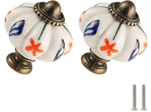 Zernmiarder Elfenben keramiska knoppar 6-pack – pumpa-skåpknoppar retro byrålsknoppar – vintage låda drar med skruvar för garderob, låda, skåp och gör-det-själv hemprojekt – röd blomma och blått blad